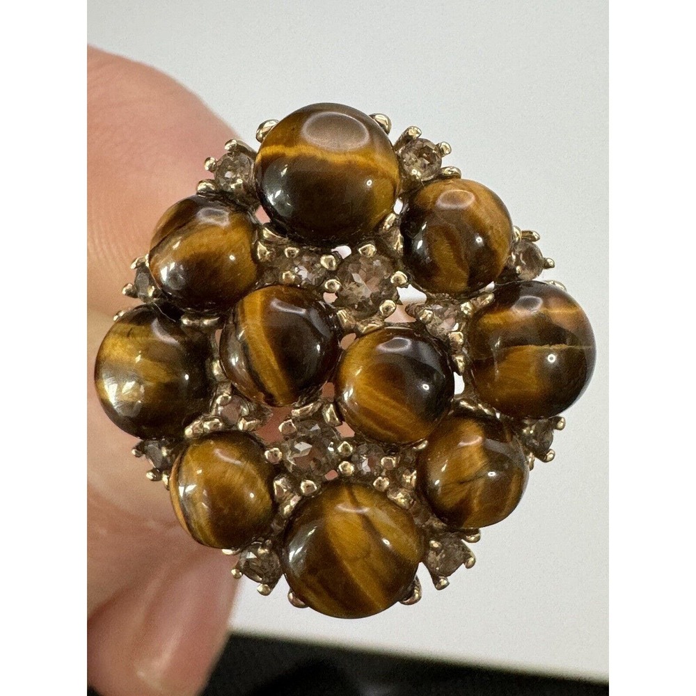 10k Yellow Gold Ring Tigers Eye & Smokey Quartz, Size 7